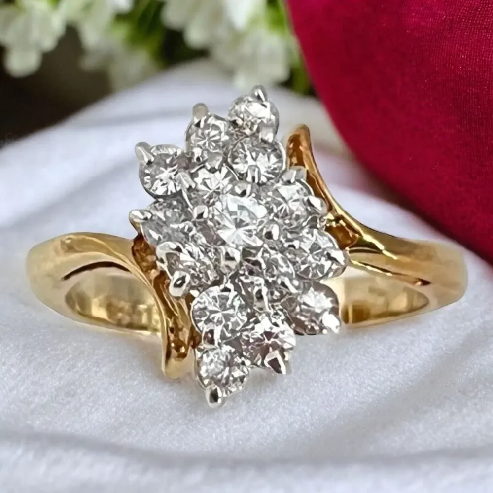 Vintage 1970s Ring Size 7 CZ Cluster Prong Set Gold Plated - 14Q